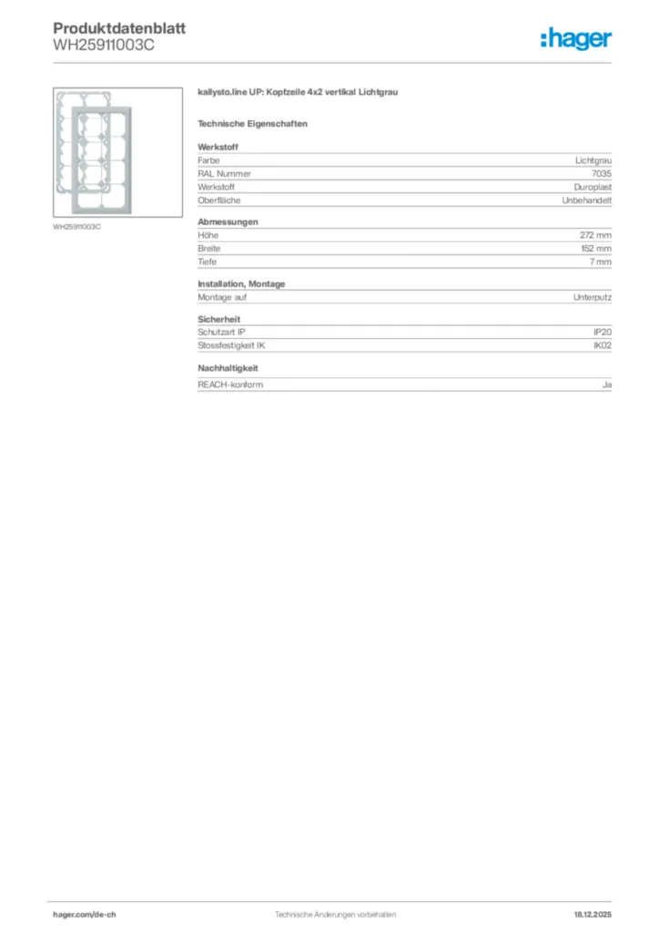 Bild Hager Produktdatenblatt WH25911003C | Hager Schweiz