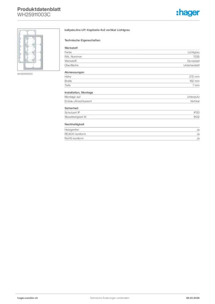 Bild Hager Produktdatenblatt WH25911003C | Hager Schweiz