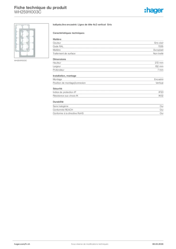 Image Hager Fiche technique du produit WH25911003C | Hager Suisse