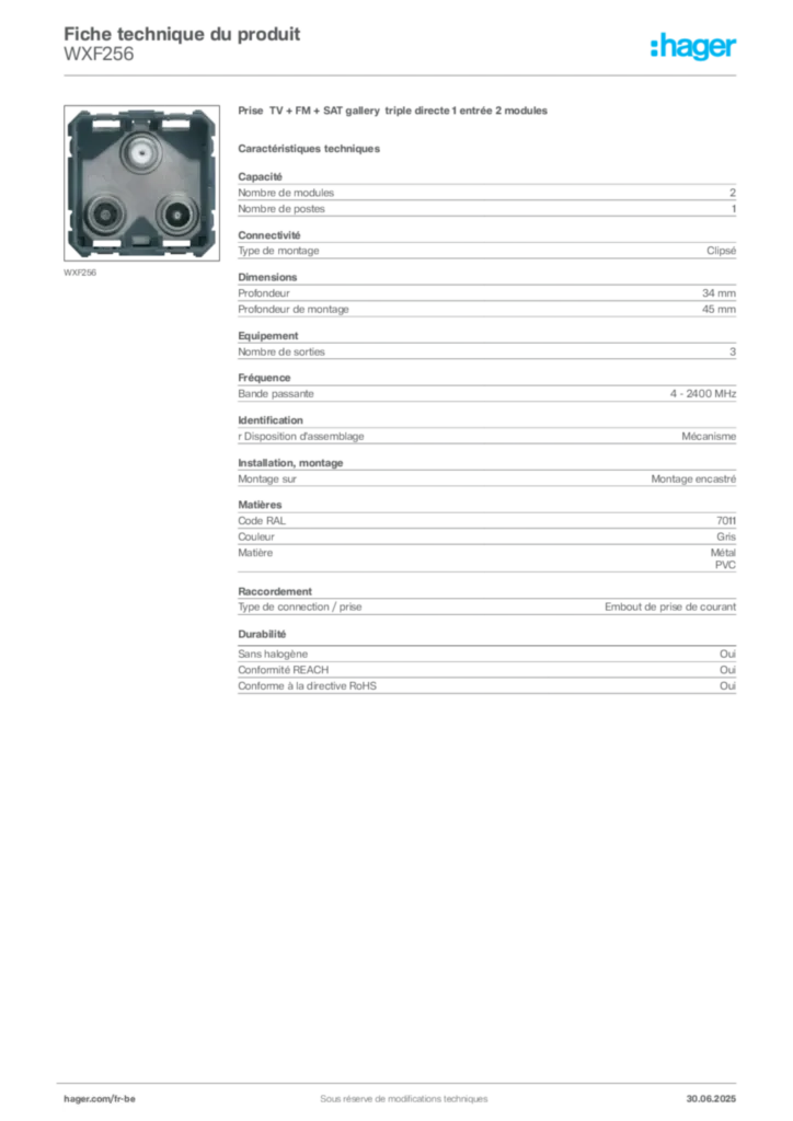Image Hager Fiche technique du produit WXF256 | Hager Belgique