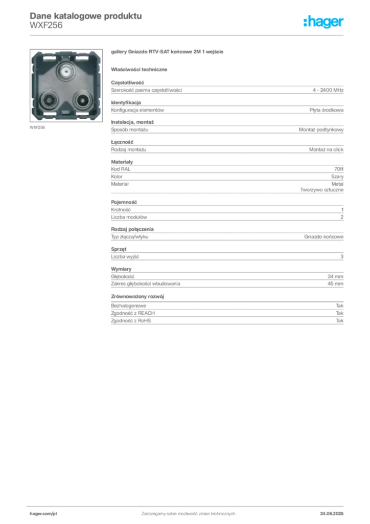 Zdjęcie Hager Karta katalogowa WXF256 | Hager Polska