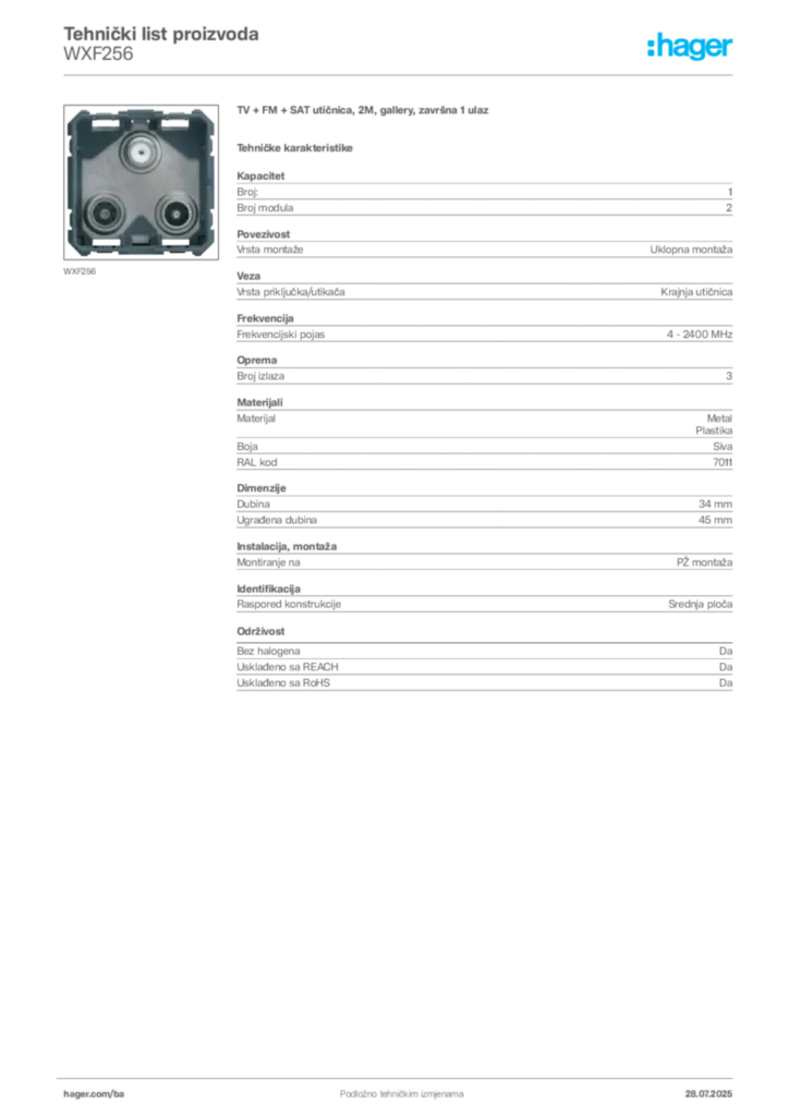 Slika Hager Product data sheet WXF256  | Hager