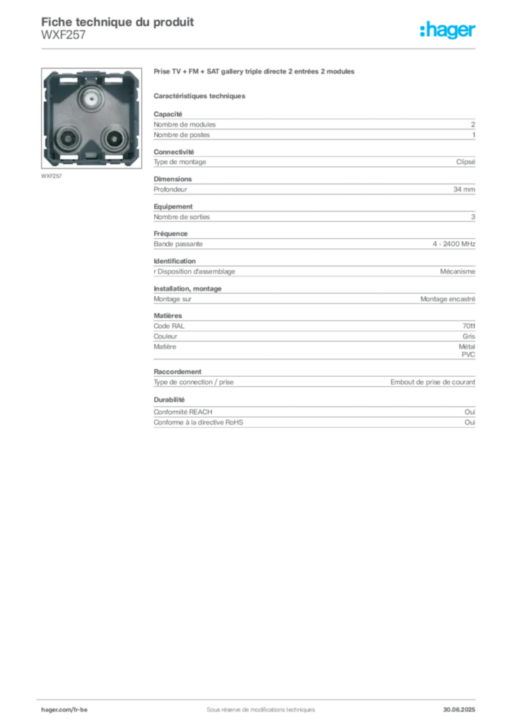 Image Hager Fiche technique du produit WXF257 | Hager Belgique