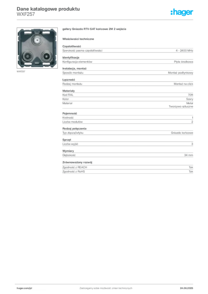 Zdjęcie Hager Karta katalogowa WXF257 | Hager Polska