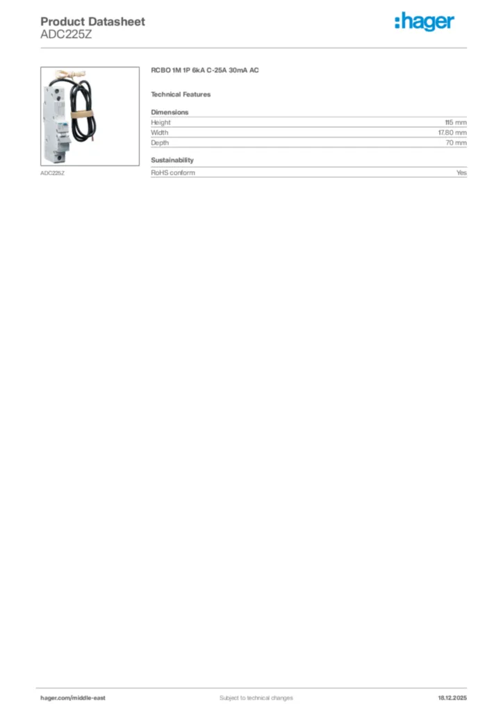 Image Hager Product data sheet ADC225Z  | Hager
