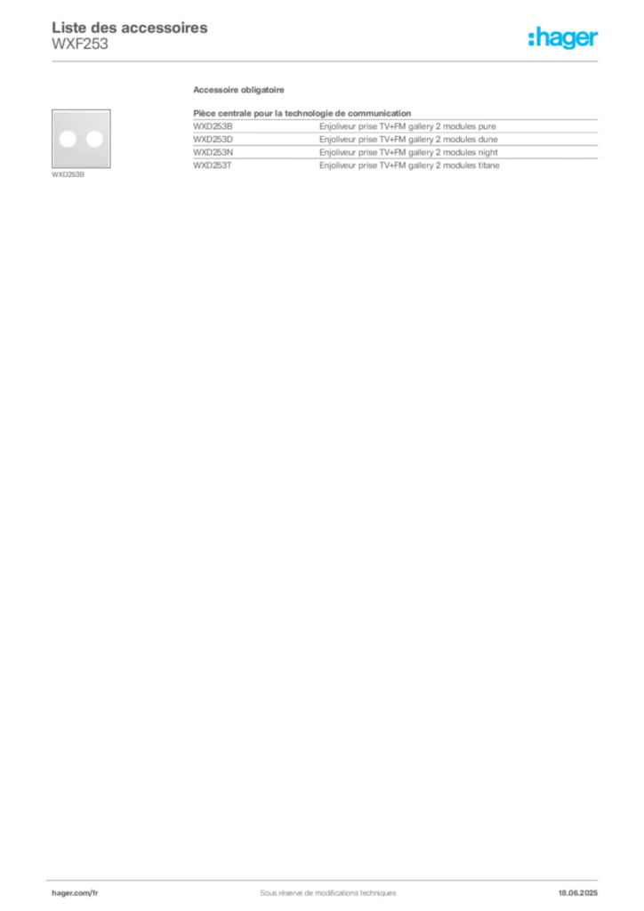 Image Hager Fiche technique du produit WXF253 | Hager France