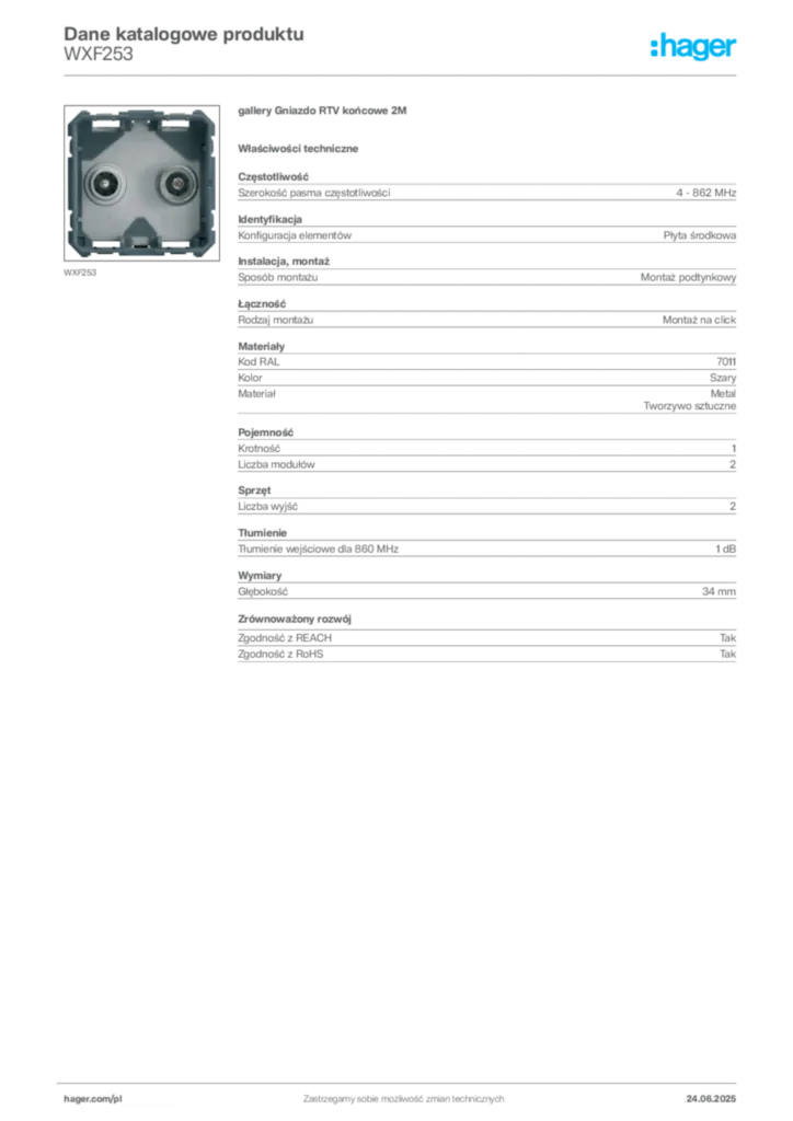 Zdjęcie Hager Karta katalogowa WXF253 | Hager Polska