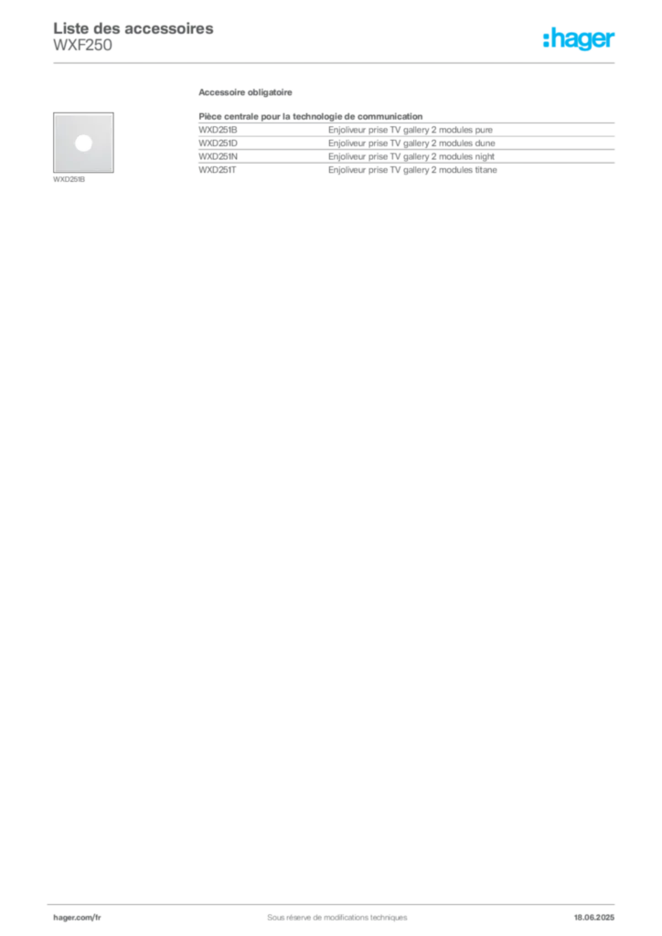 Image Hager Fiche technique du produit WXF250 | Hager France