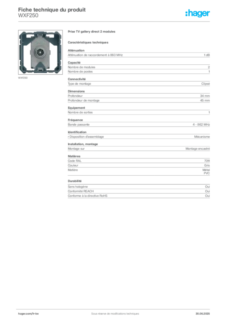 Image Hager Fiche technique du produit WXF250 | Hager Belgique