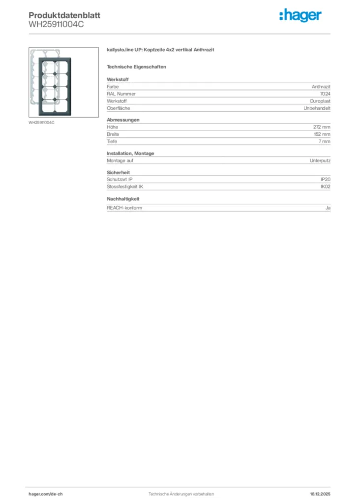 Bild Hager Produktdatenblatt WH25911004C | Hager Schweiz