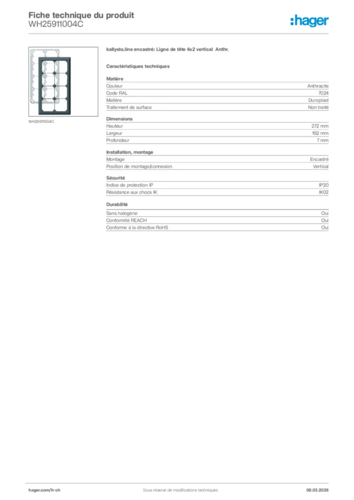 Image Hager Fiche technique du produit WH25911004C | Hager Suisse