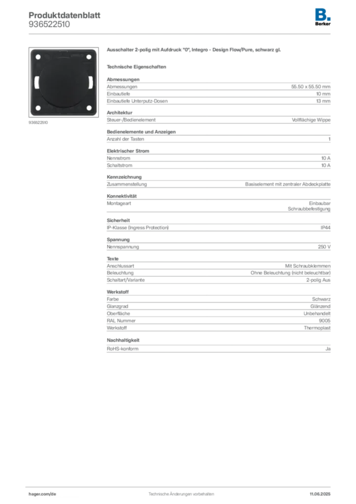 Bild Berker Produktdatenblatt 936522510 | Hager Deutschland
