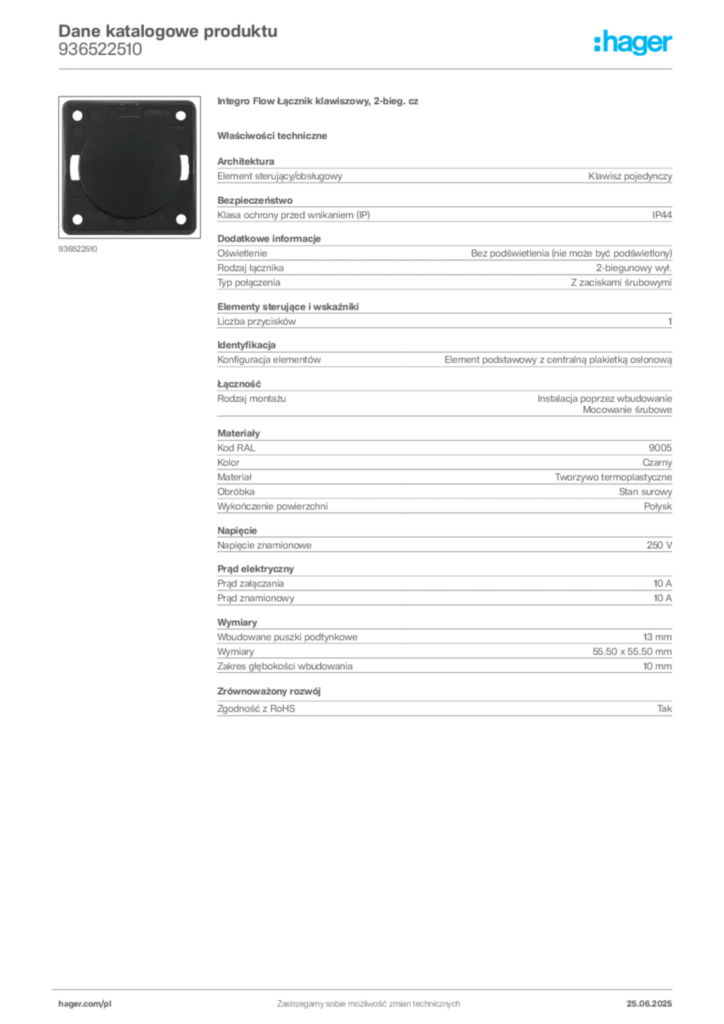 Zdjęcie Hager Karta katalogowa 936522510 | Hager Polska