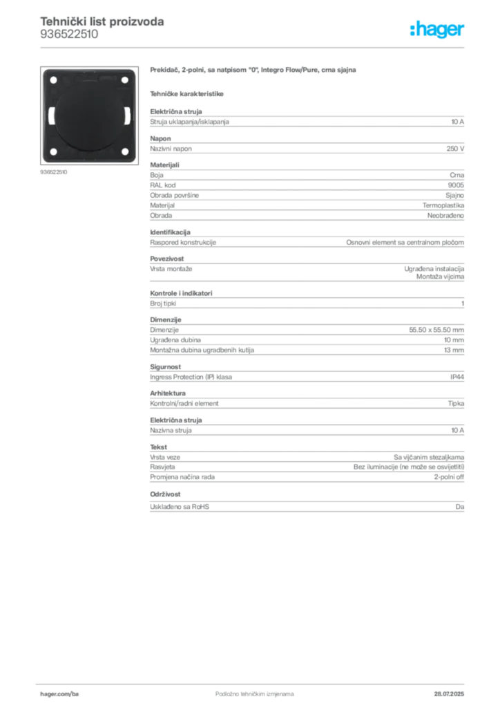 Slika Hager Product data sheet 936522510  | Hager