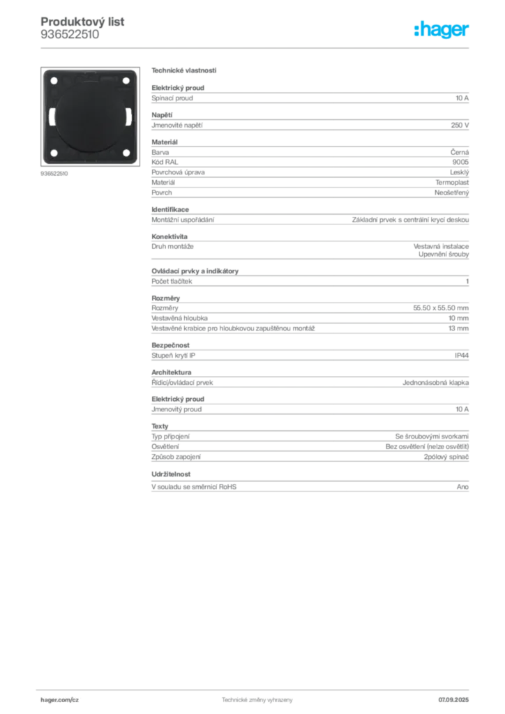 Obrázek Hager Produktový list 936522510 | Hager