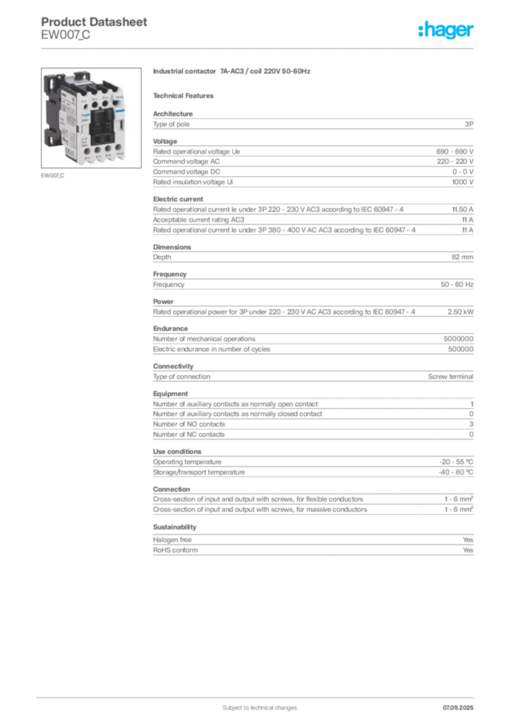 Image Hager Product data sheet EW007_C  | Hager