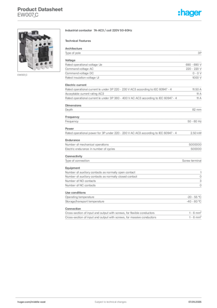 Image Hager Product data sheet EW007_C  | Hager