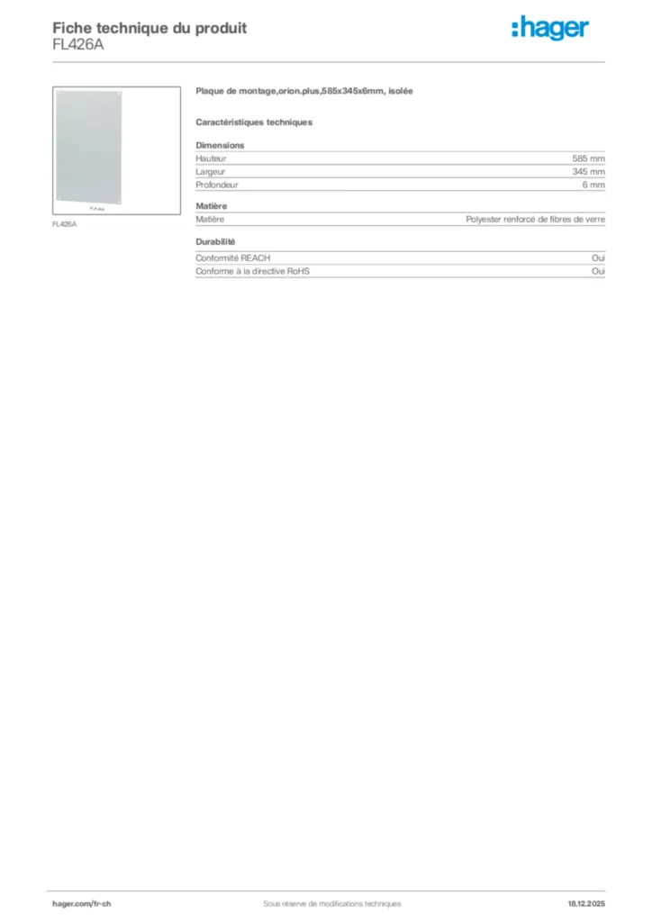 Image Hager Fiche technique du produit FL426A | Hager Suisse