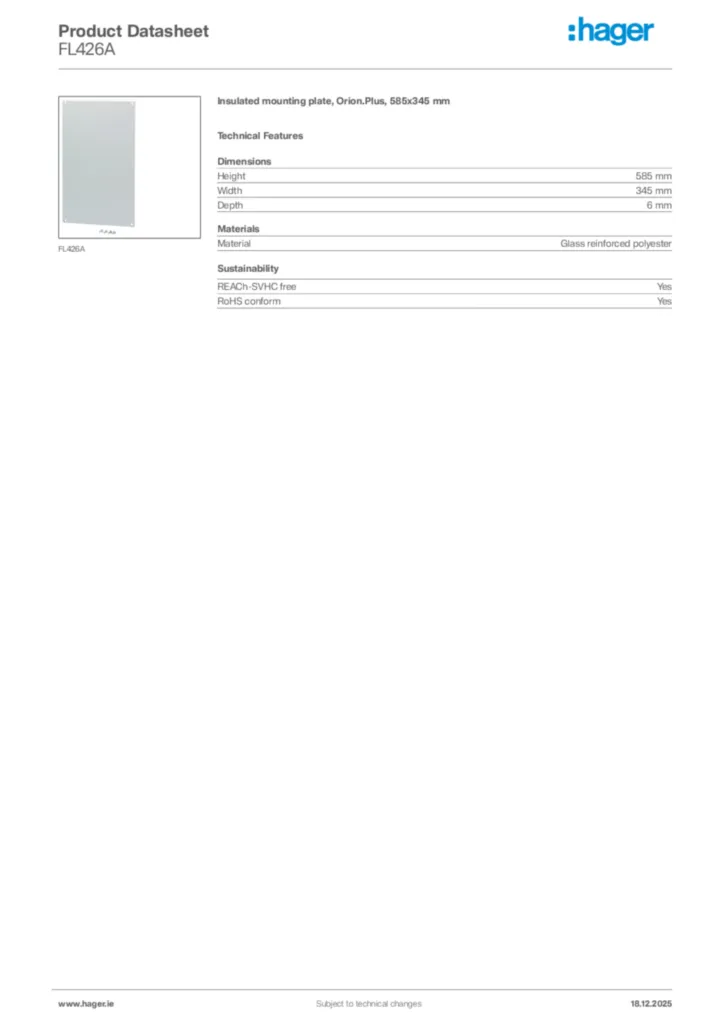 Image Hager Product data sheet FL426A  | Hager