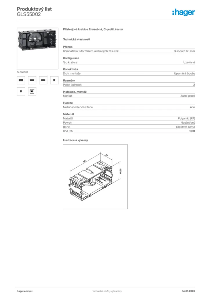Obrázek Hager Product data sheet GLS55002 | Hager