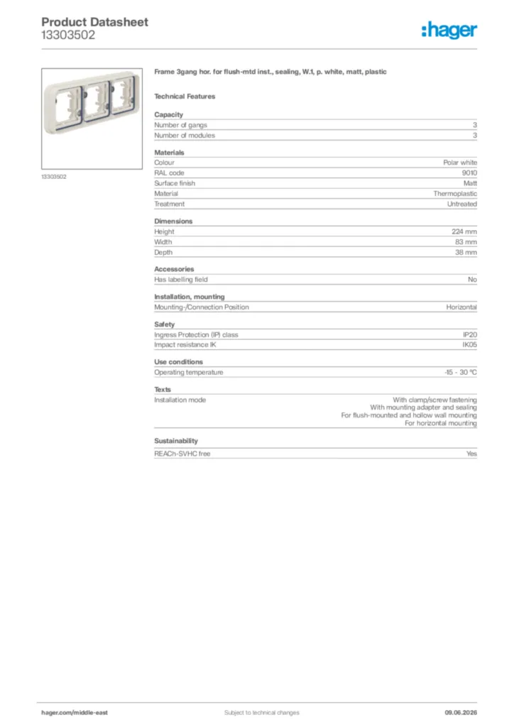 Image Hager Product data sheet 13303502  | Hager