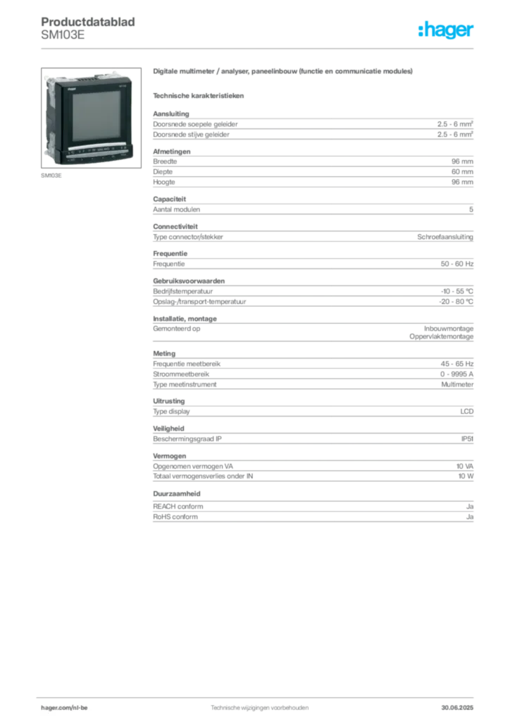 Afbeelding Hager Productdatablad SM103E | Hager Belgium