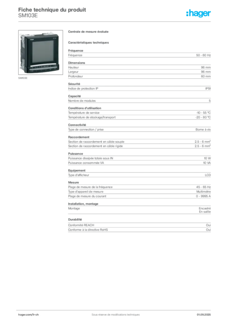 Image Hager Fiche technique du produit SM103E | Hager Suisse