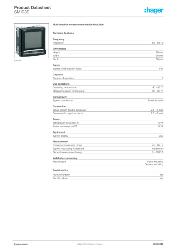 Image Hager Product data sheet SM103E  | Hager Australia