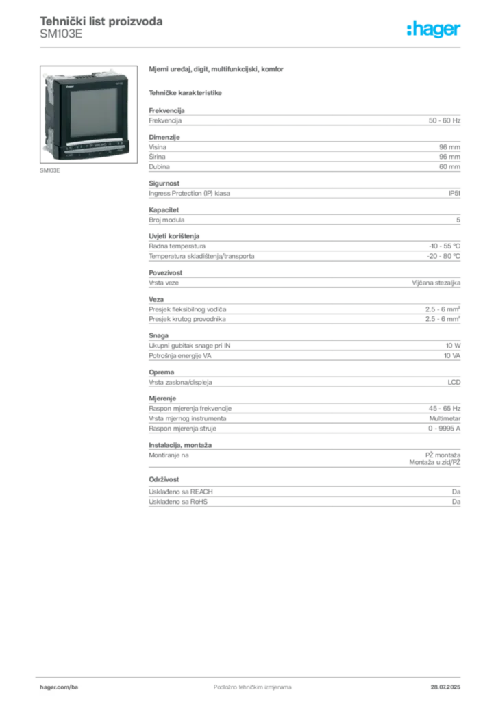 Slika Hager Product data sheet SM103E  | Hager