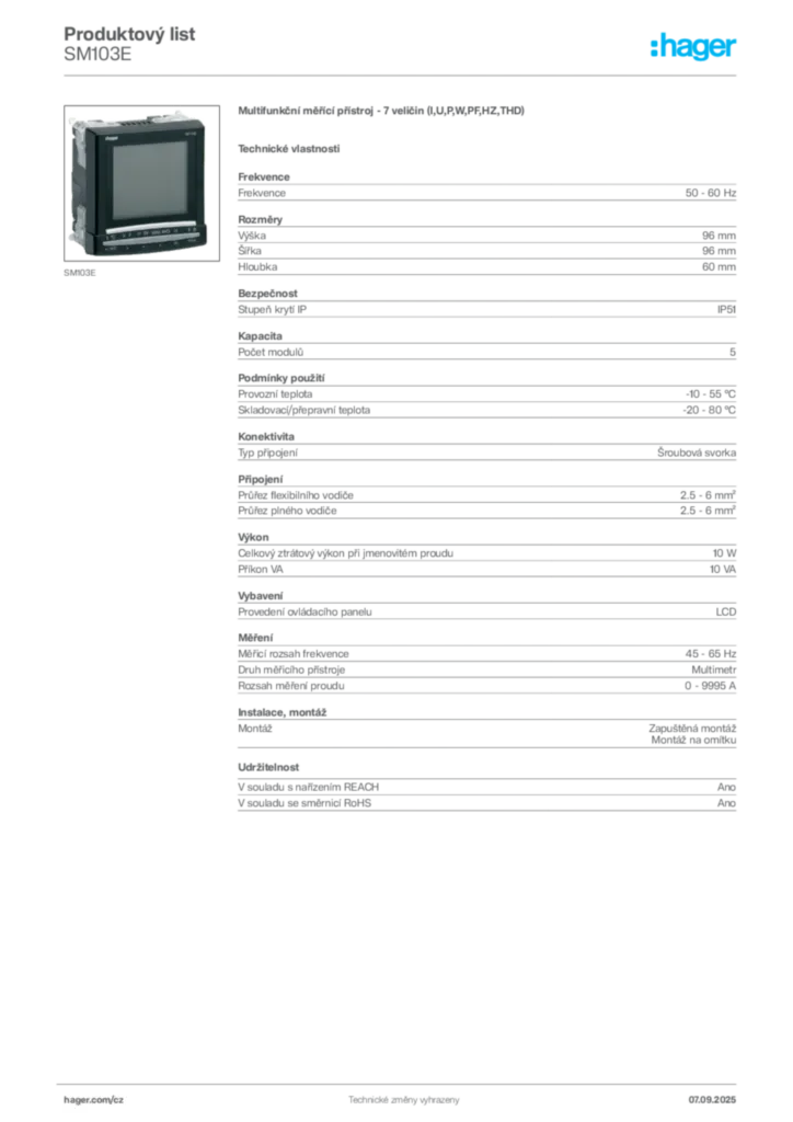 Obrázek Hager Produktový list SM103E | Hager