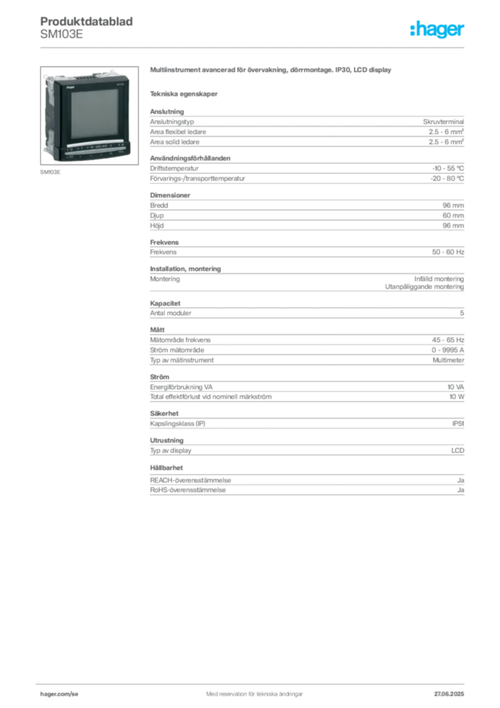 Bild Hager Produktdatablad SM103E | Hager Sverige