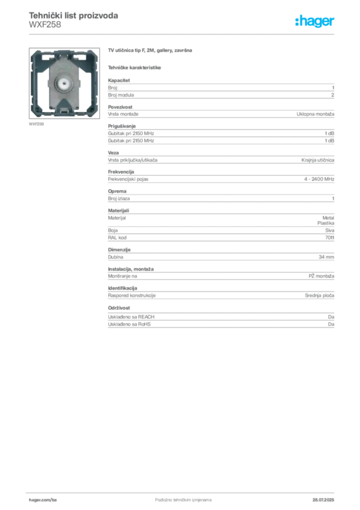 Slika Hager Product data sheet WXF258  | Hager