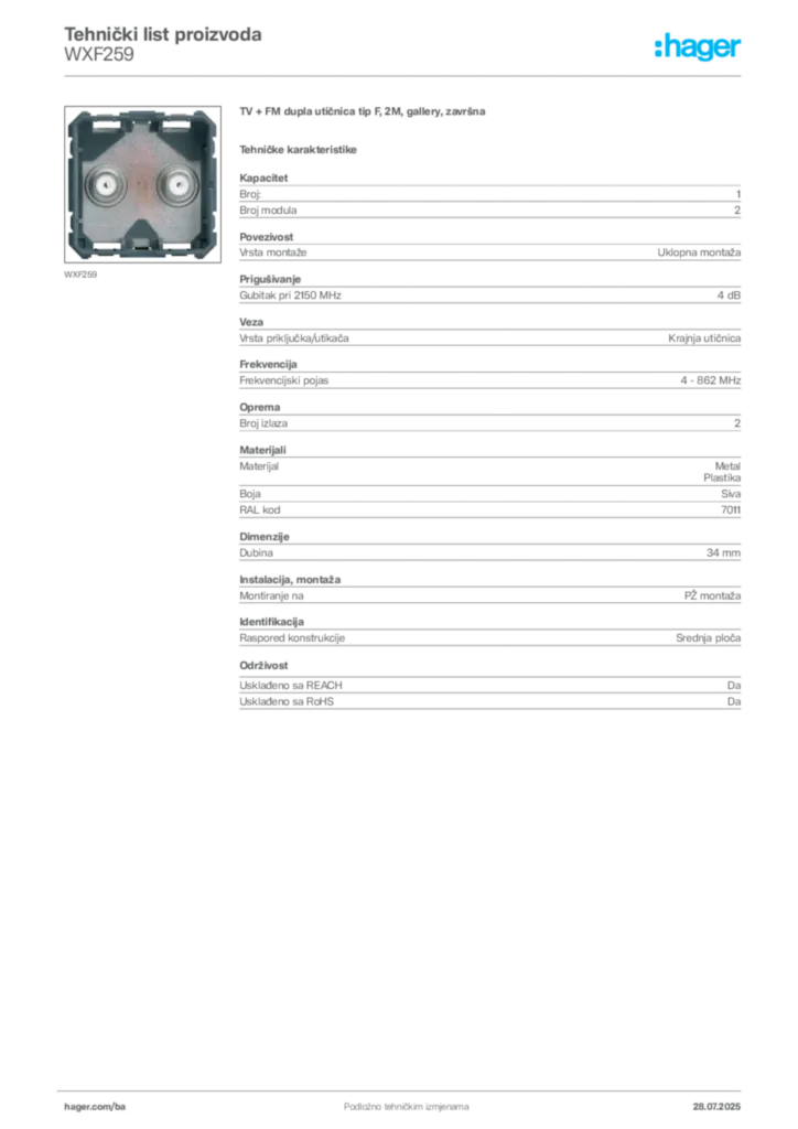 Slika Hager Product data sheet WXF259  | Hager