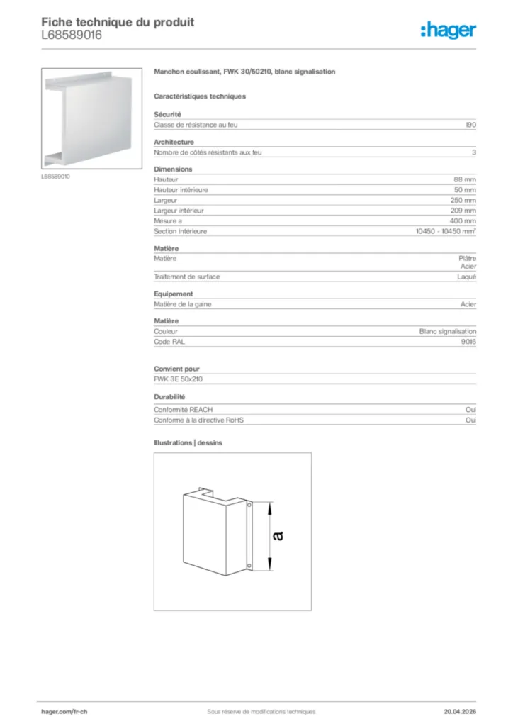 Image Hager Fiche technique du produit L68589016 | Hager Suisse