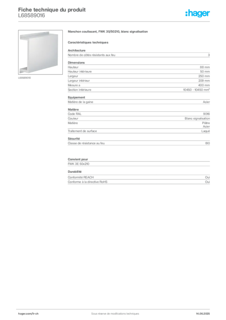 Image Hager Fiche technique du produit L68589016 | Hager Suisse