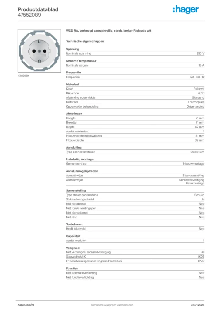 Afbeelding Hager Productdatablad 47552089 | Hager Nederland