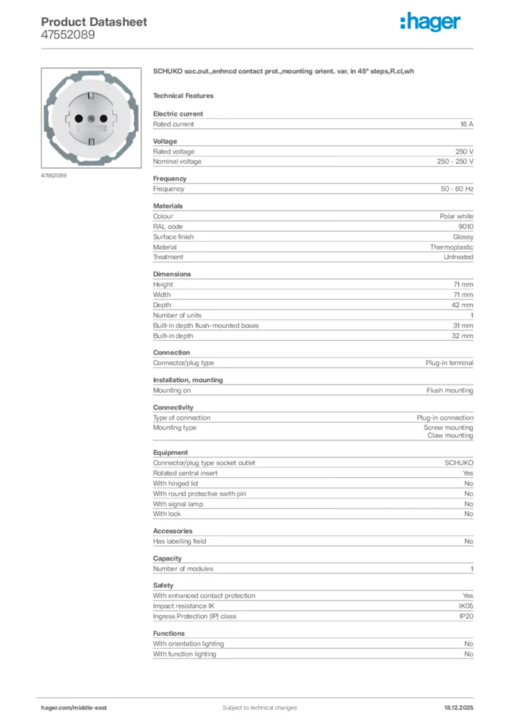 Image Hager Product data sheet 47552089  | Hager
