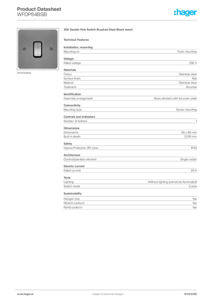Image Hager Product data sheet WFDP84BSB  | Hager