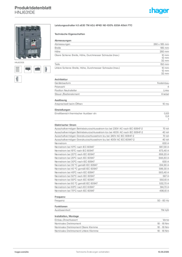 Bild Hager Produktdatenblatt HNJ631DE | Hager Deutschland