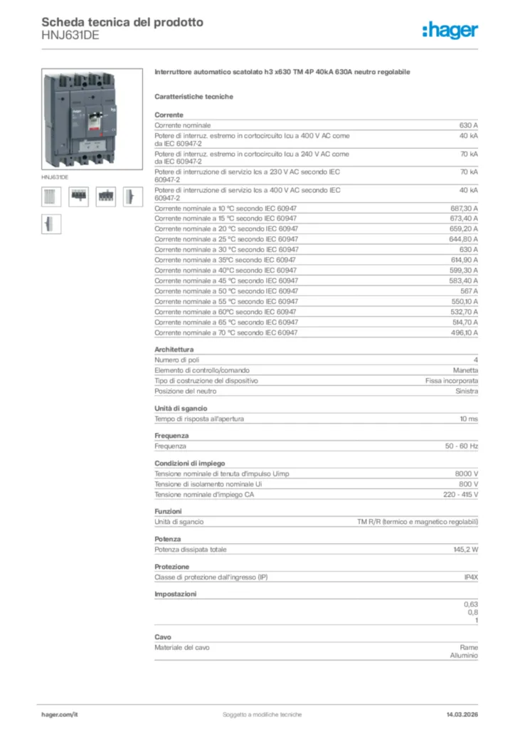 Immagine Hager Scheda tecnica del prodotto HNJ631DE | Hager Italia