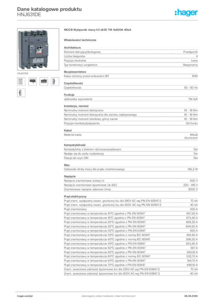 Zdjęcie Hager Karta katalogowa HNJ631DE | Hager Polska
