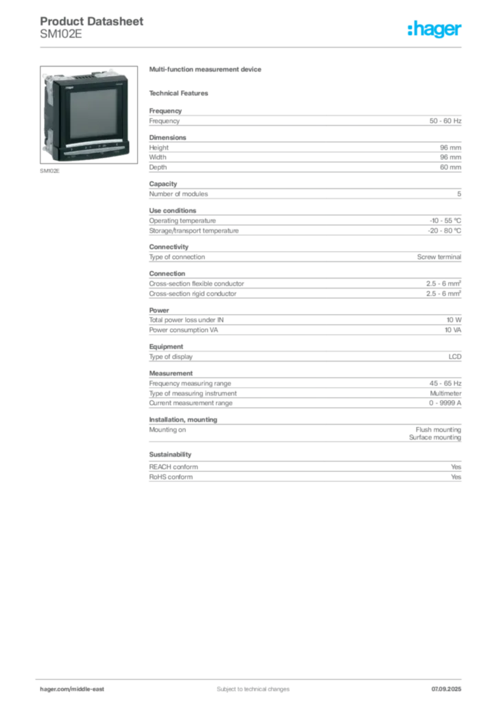Image Hager Product data sheet SM102E  | Hager