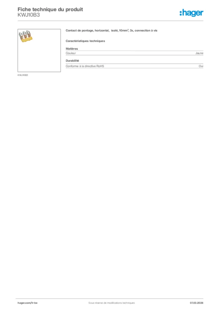 Image Hager Fiche technique du produit KWJ10B3 | Hager Belgique