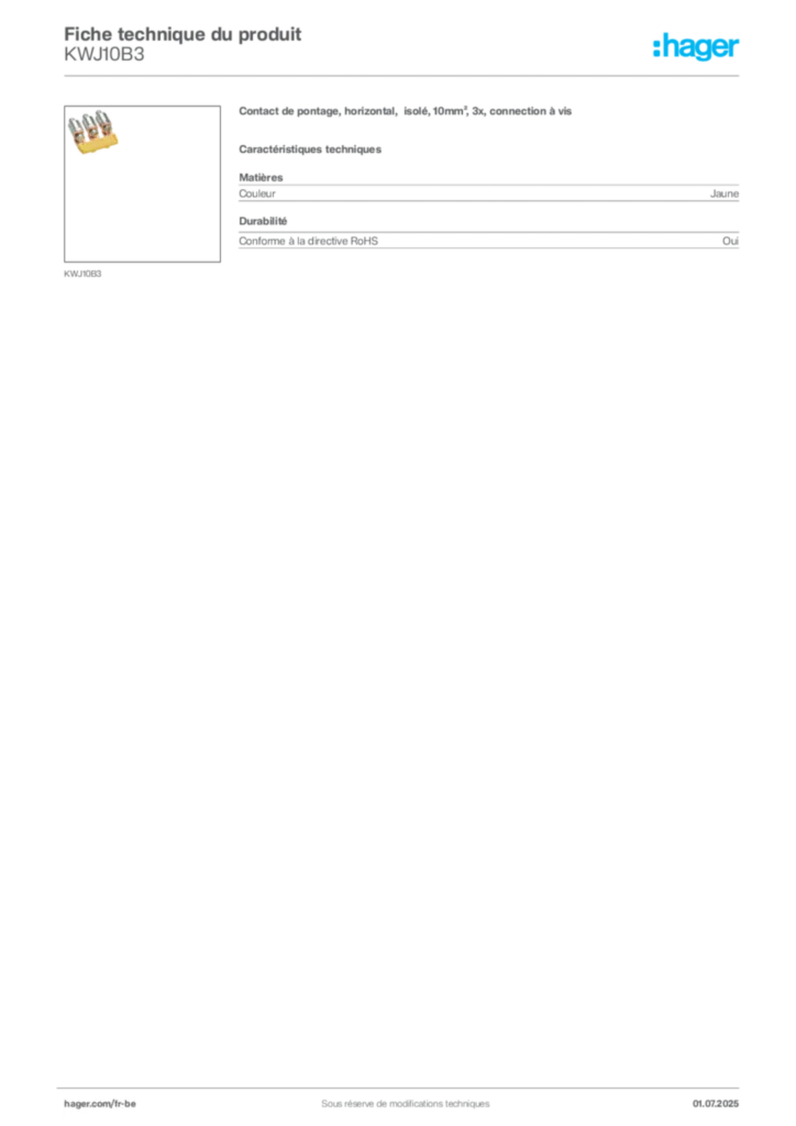 Image Hager Fiche technique du produit KWJ10B3 | Hager Belgique