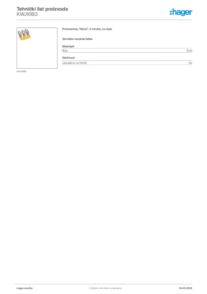 Slika Hager Tehnički list proizvoda KWJ10B3  | Hager