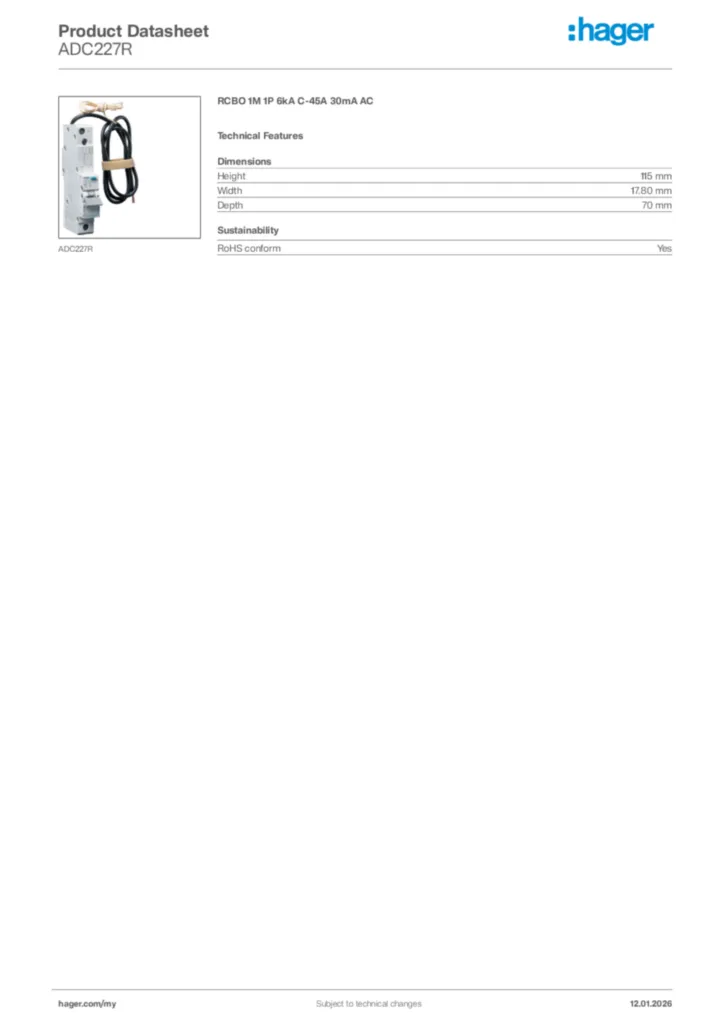 Image Hager Product data sheet ADC227R  | Hager