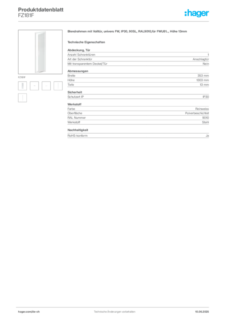 Bild Hager Produktdatenblatt FZ181F | Hager Schweiz