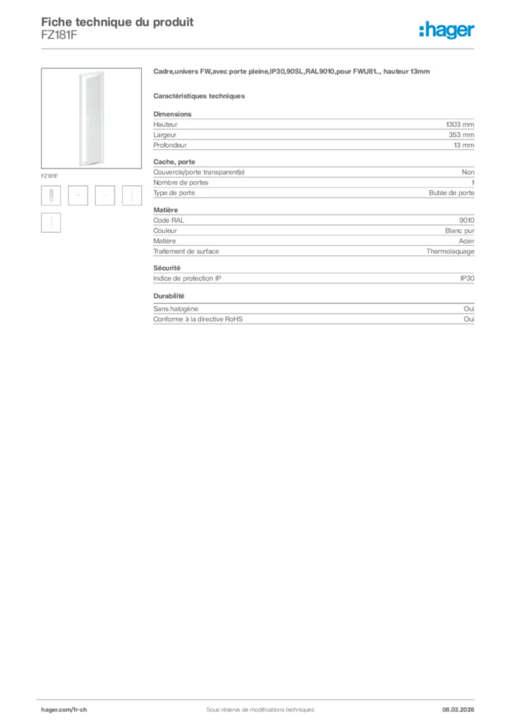 Image Hager Fiche technique du produit FZ181F | Hager Suisse