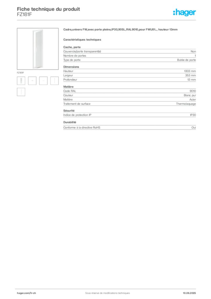 Image Hager Fiche technique du produit FZ181F | Hager Suisse