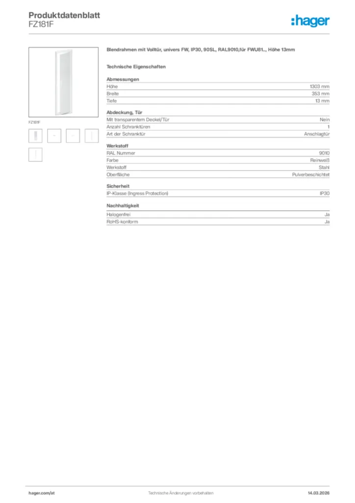Bild Hager Produktdatenblatt FZ181F | Hager Deutschland